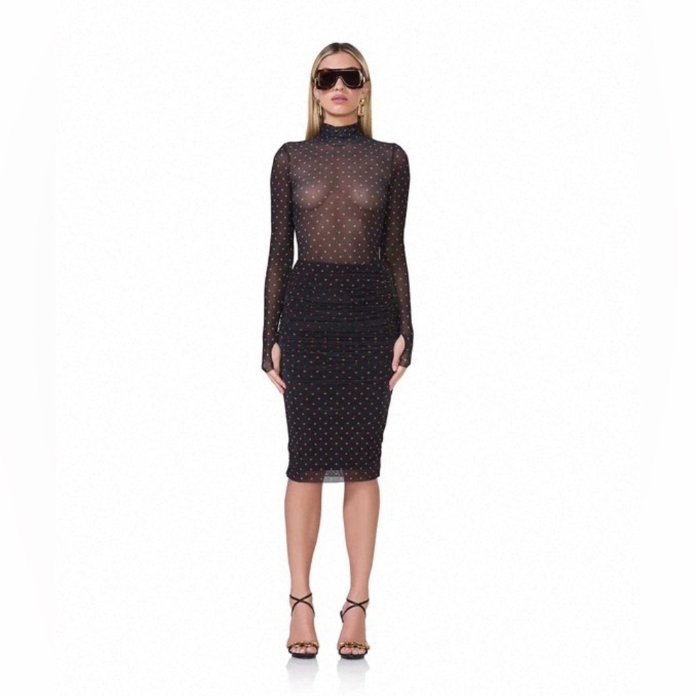 NWT AFRM Sepia Black Pink Ruched Sheer Polka Dot Cocktail Skirt